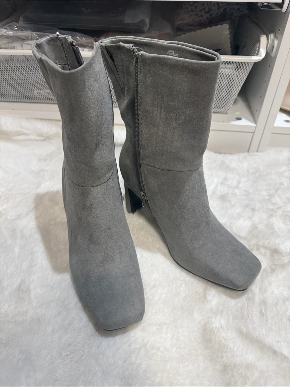 Women's Grey Suede Mid-Calf Block Heel Boots